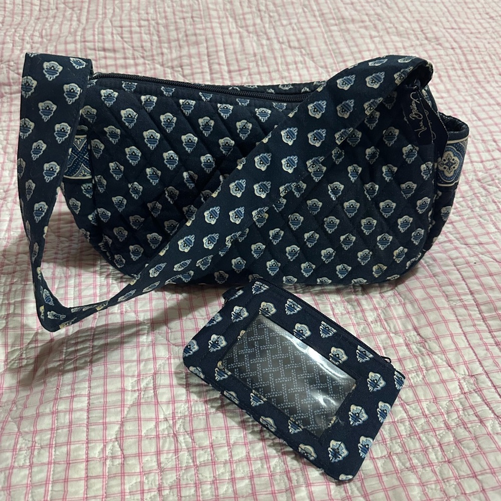 Vera Bradley Navy Floral Quilted Shoulder Bag with matching card/ID holder.
